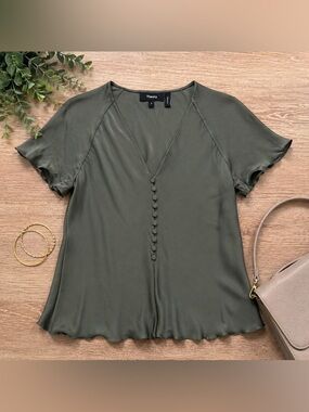 Theory Olive Green Silk Blend Button Front Blouse Minimalist Top Size S